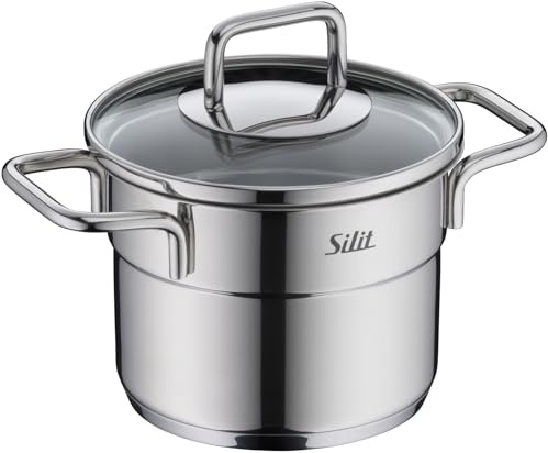 Silit Extra Cook Mini-Fleischtopf 12 cm mit Glasdeckel, Innenskalierung, breiter Schüttrand, qualitativer, spülmaschinenfester Crominox-Edelstahl, kleine Portionen, platzsparend stapelbar, tropffrei