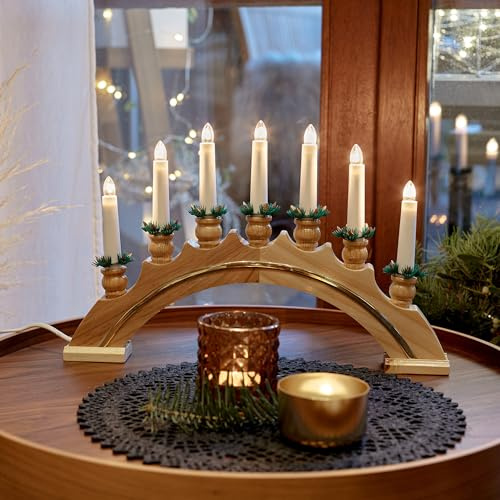 hellum Schwibbogen Weihnachten, Lichterbogen Weihnachten mit Kabel innen, 7 Kerzen (+ Ersatz) und Goldverzierung, 43x27cm, Schwibbogen modern, Lichterbogen für Fensterbank mit Kabel 873313