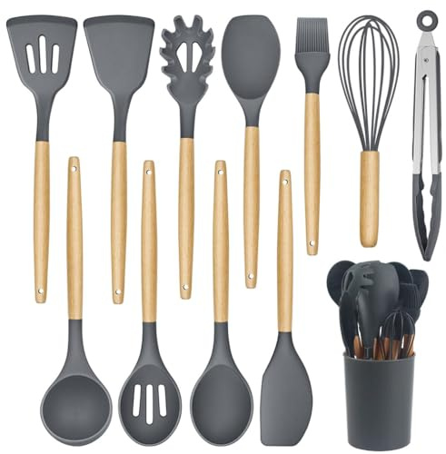 Kitchen Utensil Set, 12 PCS Silicone Cooking Utensils Set with Wooden Handle, Nonstick Cookware Tongs Spatula Spoon Set, Heat Resistant, Dishwasher Safe, Best Kitchen Tools (Grey)