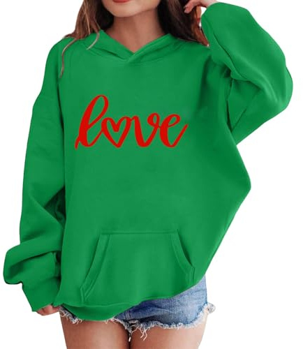 Mjjsk grafiska huvtröjor för flickor trendigt hjärttryck långärmad sweatshirts med huva vardaglig Preppy pullover toppar komfort mjuk huvtröja jumper, gRÖN, 3-4 Years