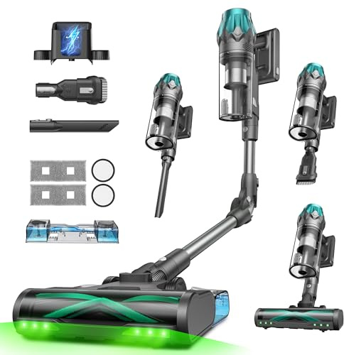 Vexilar V15Max Cordless Vacuum Cleaner with Mop, 65KPA/600W/60Mins, Flexible Foldable Tube, Green LED, 1.5L Dustbin, Self-Standing, Wall Mount Charging, Anti-Tangle Stick Vacuum for Carpet Pet Hair