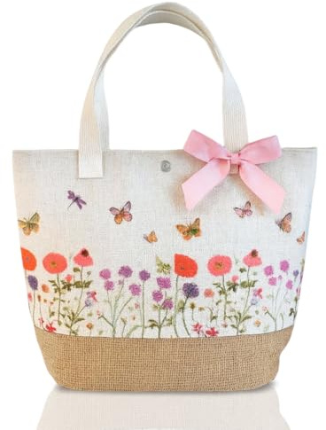 Panera de tela para decoración primaveral, cesta moderna para panecillos con mariposas y bordado de flores, decoración de Pascua, bolsa de primavera 30 x 20 x 15 cm para picnic, camping, accesorios