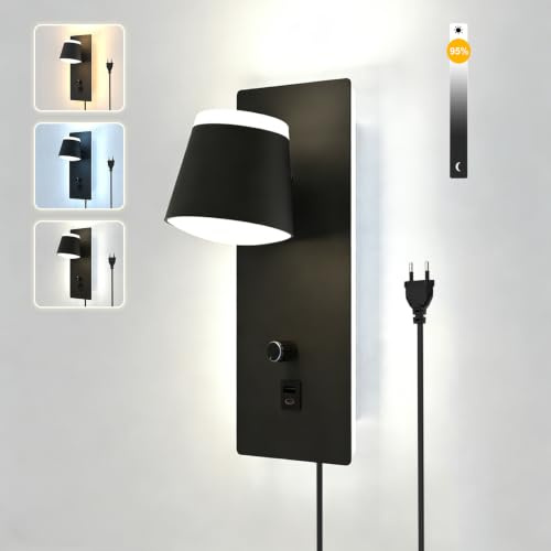 Sytmhoe 25W Nachttisch Wandlampe mit Schalter Kabel und USB-C 3CCT Dimmbar | 220-240 V schwarz leselampe wandmontage mit warmes natürliches kaltes Licht, mieterfreundliche steckerfertig, 2 ladefunktion