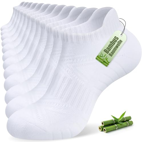 SockWaddles Calzini Sneaker Uomo e Donna in Bambù e Cotone, 6 Paia Calze Sportive Traspiranti per Running, Calzini Corti Imbottiti, Calze alla Caviglia per Sneakers Bianco