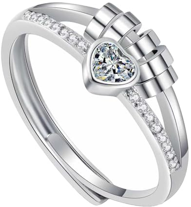 1 Pcs Anxiety Rings for Women,Sterling Silver Rings,Heart-Shaped Stress Relief RingAdjustable Anxiety Relief Ring Set with Cubic Zirconia,Gift Jewelry for Women on Birthdays and Christmas