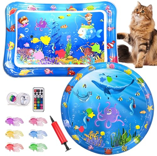 Yizemay Sensorische Wassermatte Katze, 2 Stück Katzen Kühlmatte, Katzenpool mit Plastiks Fisch Spielzeug Wasserspielmatte Intelligenzspielzeug Abkühlung Katzen Kühlung Hund.