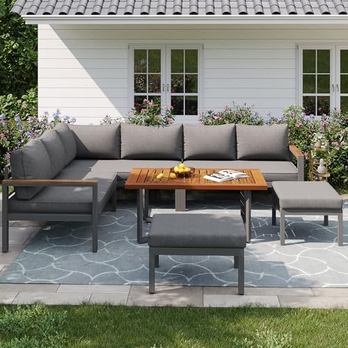Mrwoo Gartenmöbel Set für 7-8 Personen,Moderne Gartengarnitur,Wetterfest Sitzgruppe Essgruppe,Verzinktes EisenGestell,Holztischplatten,Verstellbare Fußstütze,Ideal für Garten Balkon Terrasse