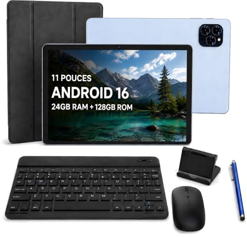 TABWEE Tablette Tactile 11 Pouces avec Clavier, Android 16, 128 Go, Bleu | 24 Go RAM (8 + 16 Go virtuels), Écran FHD, Extension microSD Jusqu’à 2 To, Batterie 8000 mAh, Souris et Stylet Inclus