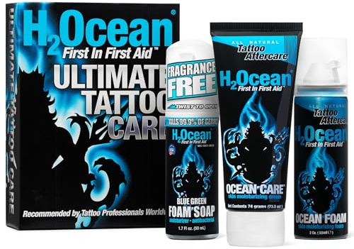 H2Ocean Ultimate Tattoo Aftercare Kit – Complete 3 Step Water-Based Skincare Regimen for Faster Tattoo Healing – Blue Green Foam Soap (1.7 oz), Ocean Care Cream (2.5 oz) & Ocean Foam Moisturizer(2 oz)