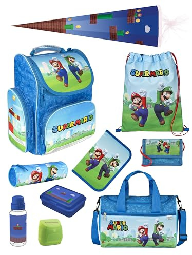 Familando - Schulranzen Set CLOU - 10-teilig mit Schultüte - Super Mario Game - Ergonomisch, Stabil & mit gepolstertem Rücken - 930g leicht - 15L Volumen - Mit Reflektoren - ab 1. Klasse