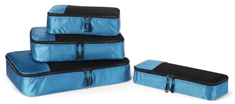 Amazon Essentials Ensemble 4 Cubes de Rangement, Organisateurs de Voyage, Double Fermeture Éclair, Dessus en Maille, 100% Polyester, Tailles S/M/L et Format Fin, Bleu Ciel (Anciennement Amazon Basics)