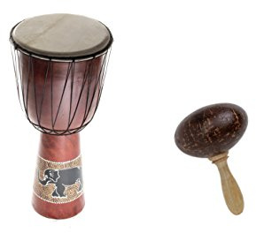60cm Anfänger Djembe Trommel Bongo Drum Holz Bunt Elefant + Kokos Rassel Maraca R2