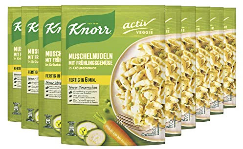 Knorr Activ Veggie Muschelnudeln mit Frühlingsgemüse in Kräutersauce leckere Nudeln ohne geschmacksverstärkende Zusatzstoffe 9x 155 g