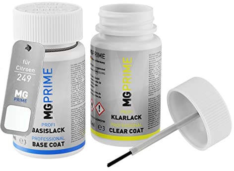 MG PRIME Autolack Lackstift für Citroen 249 Blanc Banquise/Polarweiss +1K | Set aus Basislack + Klarlack, Lackfläschchen mit Pinsel, je 50ml