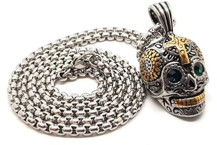 BOBIJOO Jewelry - Pendentif Homme Femme Tête de Mort Biker Maya Dorée Croix Acier Or Argent Vert Collier + Chaîne - N02