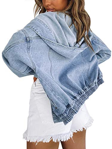 Deslimale Jean Jacket Women Hooded Denim Bomber Jacket (L, Hooded denim jacket)