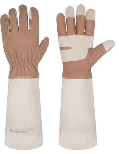 HANDLANDY Long Gardening Gloves for Men & Women, Thorn Proof Rose Pruning Gloves Leather Gauntlets Garden Glove Yard Work Glove (Warm Brown, Large)