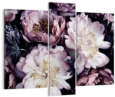 Mehrteilige Bilder auf Leinwand Pfingstrosen Veilchen Blumen Leinwandbild 95x80cm Wandbilder Dekoration Wohnzimmer Schlafzimmer Set 3 teilige Groß Wanddeko Bild Wand Kunstdruck Art Canvas CB95x80-5076