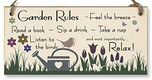 Handmade Wooden Hanging Wall Plaque Garden Rules Relax Feel the Breeze Take a Nap Pretty Sign for Gardeners
