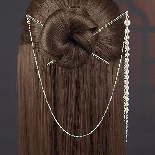 qbodp Hair Sticks for Buns,Imitation Pearls Tassel Chain Hair Chopsticks Elegant Hair Pins Stick Traditional Classical Double Chopsticks Hair Accessories for Thick Hair,Silver