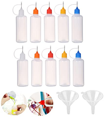 10 bottiglie vuote di colla da 60 ml con 2 mini imbuti, bottiglie in plastica con tappi per ago per colla, liquido, olio, fai da te, pittura acrilica (multicolore)