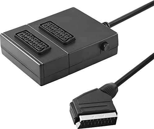 Audio Video Verteiler Weiche Umschalter Spllitter Adapter Switcher Verteilerbox, 1 Scart-Stecker männlich auf 2 Scart Buchse Kupplung weiblich, mit Schalter, 40cm Kabel, Schwarz