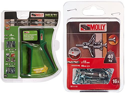 MOLLY Valibox de 30 Chevilles, Gris, 1 pince verte, Vert,Set de 31 Pièces M100800-XJ & M11110-XJ Chevilles métalliques à expansion avec vis M5 Ø11mm, 5 x 36 mm, Gris, Set de 16 Pièces