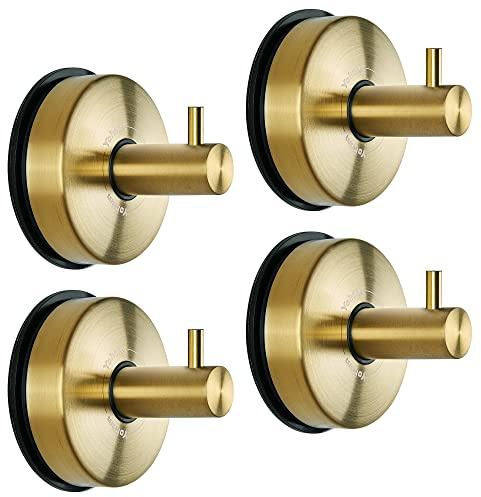 YOHOM Gancho Ventosa para Toallas Colgador Ventosa de Baño Toallero ventosa Fuerte de Acero Inóxidable Toallero con ventosa de Ducha Cocina de Pared Sin Taladro Oro, 4 Piezas