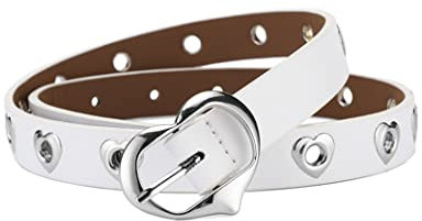 Kiench Mädchen Leder-Gürtel mit Herz Schnalle Kinder Schmal Nietengürtel Punk Weiß EU Taillenumfang 55-75cm = Gesamtlänge 81cm