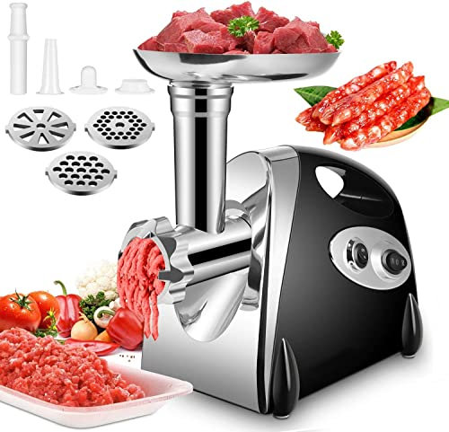 2800W Moteur en cuivre Hachoir Viandes Électrique, 3 en 1 Hachoir à Viande avec 3 plaques de broyage en acier inoxydable, Accessoire de Kubbe et de Saucisse, pour un broyage rapide (Noir)