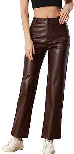 Allegra K Faux Leather Pants for Women's High Waist Straight Leg Punk PU Trousers X-Large Brown