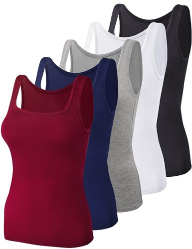 BQTQ 5 Pack Square Neck Tank Tops for Women Sleeveless Ladies Tank Tops with Square Neck Womens Undershirt Tank Tops, XL