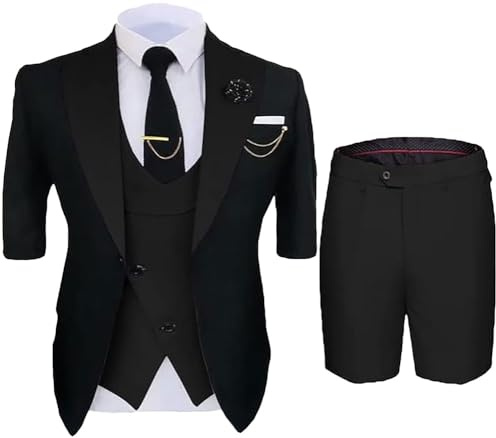Botong Mens Short Blazer Suits for Summer Lightweight Groomsmen Tuxedos for Beach Wedding One Button Prom Suit Black 52 Chest / 46 Waist