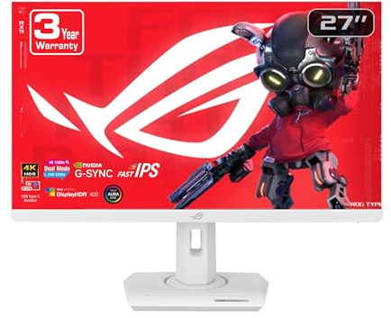 ASUS ROG Strix 27” 4K HDR USB-C Gaming Monitor (XG27UCG-W) – White, UHD (3840x2160) Dual Mode (4K 160Hz or FHD 320Hz), 1ms, Fast IPS, ELMB Sync, G-SYNC Compatible, AI Gaming, 3yr Warranty