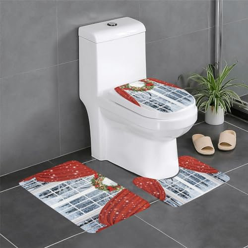 Weihnachts-Badematten-Set aus Flanell, rutschfest, 3 Stück, 60 x 40 cm, Badezimmerteppich-Set, Badematte + U-förmiger WC-Vorleger + O-förmiger Toilettensitzbezug