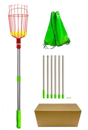 ANQIA Fruit Picker Pole Apple Picker with Adjustable Long Stainless Steel Handle Basket Fruit Picking Basket for Getting Apple Mango Lemon Pears Oranges (8FT, Red Head)