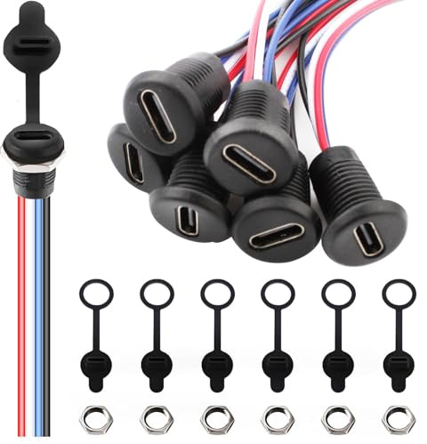 VISSQH 6 Stück USB Typ-C-Buchse,3A 4 Polige USB C stecker löten,4-Draht USB C Einbaubuchse,24AWG USB C Female Kabel Runden wasserdichte USB C Panel-Header USB C Female Pigtail Cable(Schwarz)