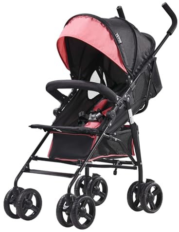 VEVOR Passeggino Leggero, 1170 x 340 x 240 mm Passeggino per Bambini a Ombrello, Schienale Reclinabile Multiposizione, Telaio in Acciaio al Carbonio, Ampio Cestino Portaoggetti, per Viaggi, Nero/Rosa
