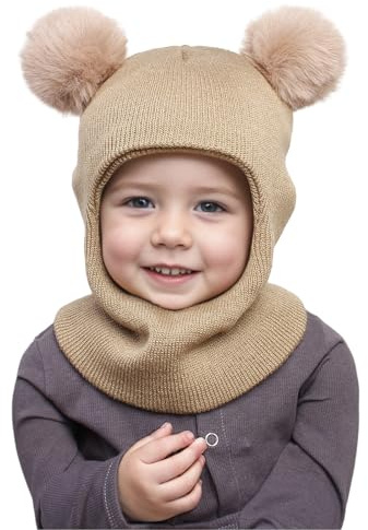 ZLLkeji Baby Wintermütze Kinder Schlupfmütze Bär Kindermützen mit Bommel Winddicht Kälteschutz Strickmütze Warm Beanie Kleinkinder für 6 Monate-8 Jahre Alt Baby Khaki