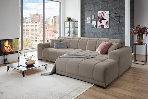 möbelando Wohnlandschaft >Puppet< in Taupe, Ottomane rechts, elektrische Sitztiefenverstellung, Metallfüße schwarz, Nosagunterfederung, Polyätherschaum, inkl. 2 Zierkissen, 301x81-113x195 cm (BxHxT)