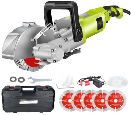 Wall Chaser with 5 x 125mm Blades, Electric Slitting Machine Wall milling Machine with Suitcase, 7500r / min, 0-37mm Cutting Depth, Concrete Saw for Granite Marble Concrete Stone green