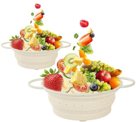Werwing Scolapasta pieghevole in silicone, 33 cm + 28 cm, per cucina, grande scolapasta per pasta e verdure con gancio, resistente al calore (220 °C), salvaspazio e lavabile in lavastoviglie