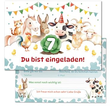 Junaversum 12 Einladungskarten zum 7. Kindergeburtstag Bauernhof Kinder Mädchen Jungen coole bunte Einladungen siebte Geburtstag Geburtstagseinladungen Kids