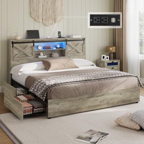 Hasuit Farmhouse Bed Frame California King Size with 4 Storage Drawers, Wooden Platform Cal King Beds with Charging Station and LED Lights, Rustic Bed with Storage Headboard and Sliding Barn Door