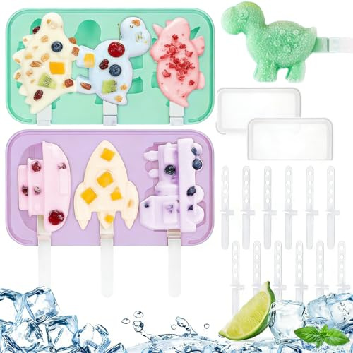 2 Pcs Kids Ice Lolly Moulds with 12 Sticks, Lollies Moulds, Easy Release Lollipop Moulds Silicone, Dinosaur ＆ Vehicle Shapes Popsicle Molds for Kids, BPA Free Reusable Ice Pop Maker (Purple ＆ Green)