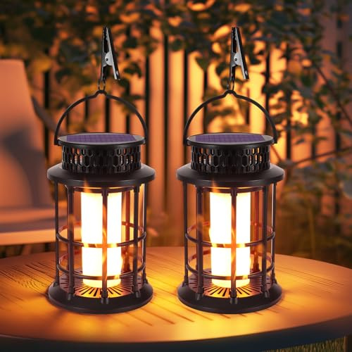 DEECOZY Solar Lanterns for Outside Garden, 2Pack Hanging Solar Lanterns with Realistic Flickering Flame LED, Waterproof Garden Lanterns Auto On/Off for Pathway Patio Decoration