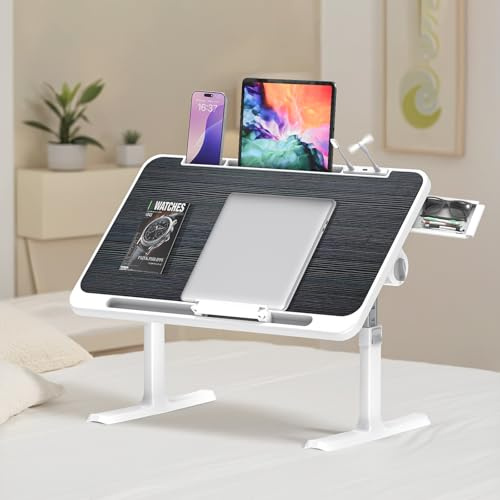 Ferghana Klappbarer Laptoptisch Höhenverstellbarer Laptoptisch mit Schublade + LED+ Ventilator Tragbarer Schreibtisch fürs Bett mit Neigungswinkel für Sofa,Boden,Bett,Outdoor (Gebürstetes Schwarz)