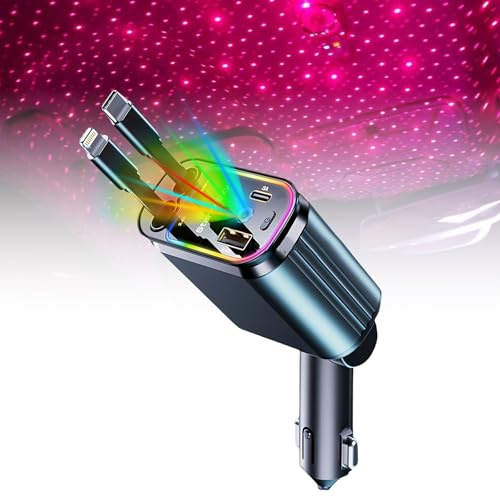 Chargeur de voiture rétractable 4 en 1 avec LED ciel étoilé - 66 W - Chargeur rapide pour téléphone portable - Allume-cigare USB-C/USB-A - 2 câbles de charge - Projecteur de voiture - Adaptateur de
