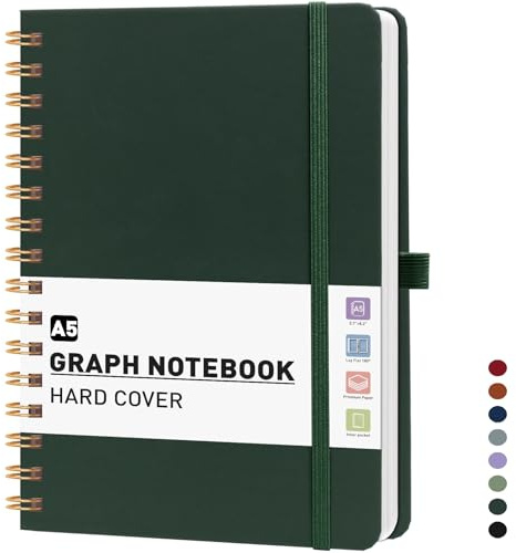 PYNEX Notizbuch A5 Kariert, Hardcover,Notebook, Notizblock Spiralbindung With 140 Blatt 100GSM, Tagebuch für Erwachsene,Schule - Dunkelgrün