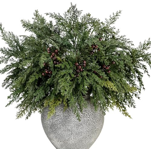 5Pcs Faux Cedar Stems, 55cm Artificial Christmas Foliage Pine Branches Fake Greenery Picks for Vase Wreath Garland DIY Crafts Holiday Festive Winter Indoor Outdoor Home Decor (With Red Berries)